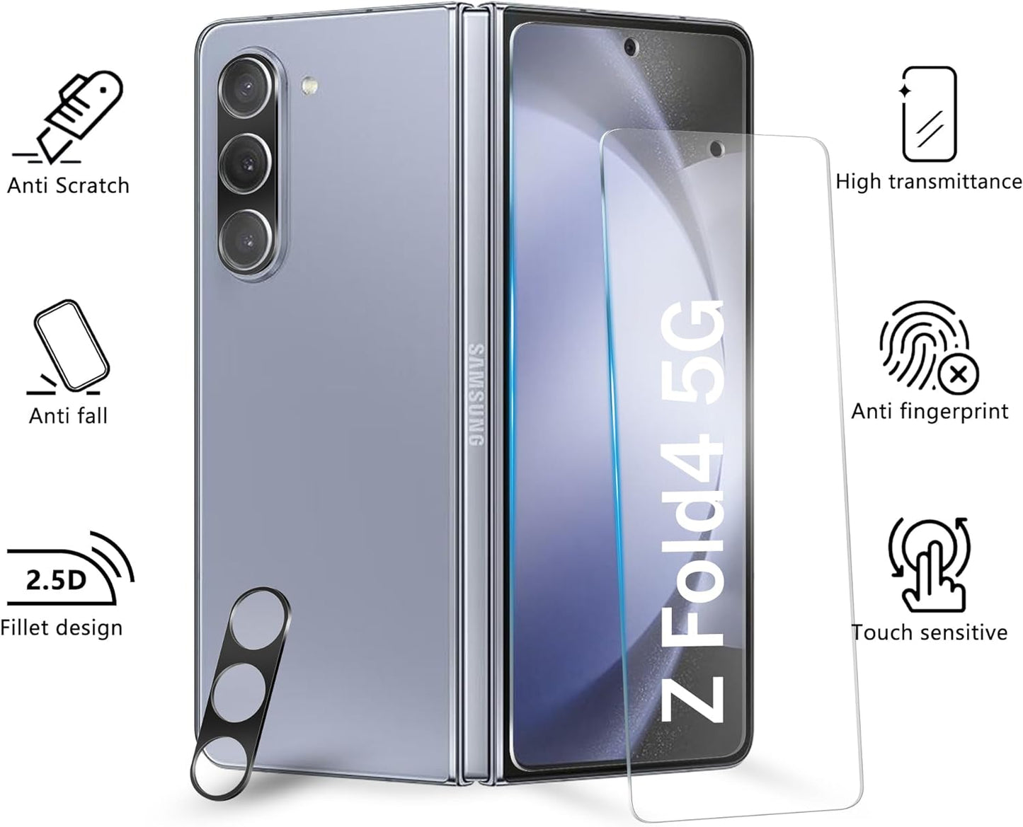 JZG [2+2er-Pack für Samsung Galaxy Z Fold 5 Displayschutzfolie, 2 Stück gehärtetes Glas vorne + 2 Stück Kameraobjektivschutz, hohe Klarheit, bruchfest, blasenfrei