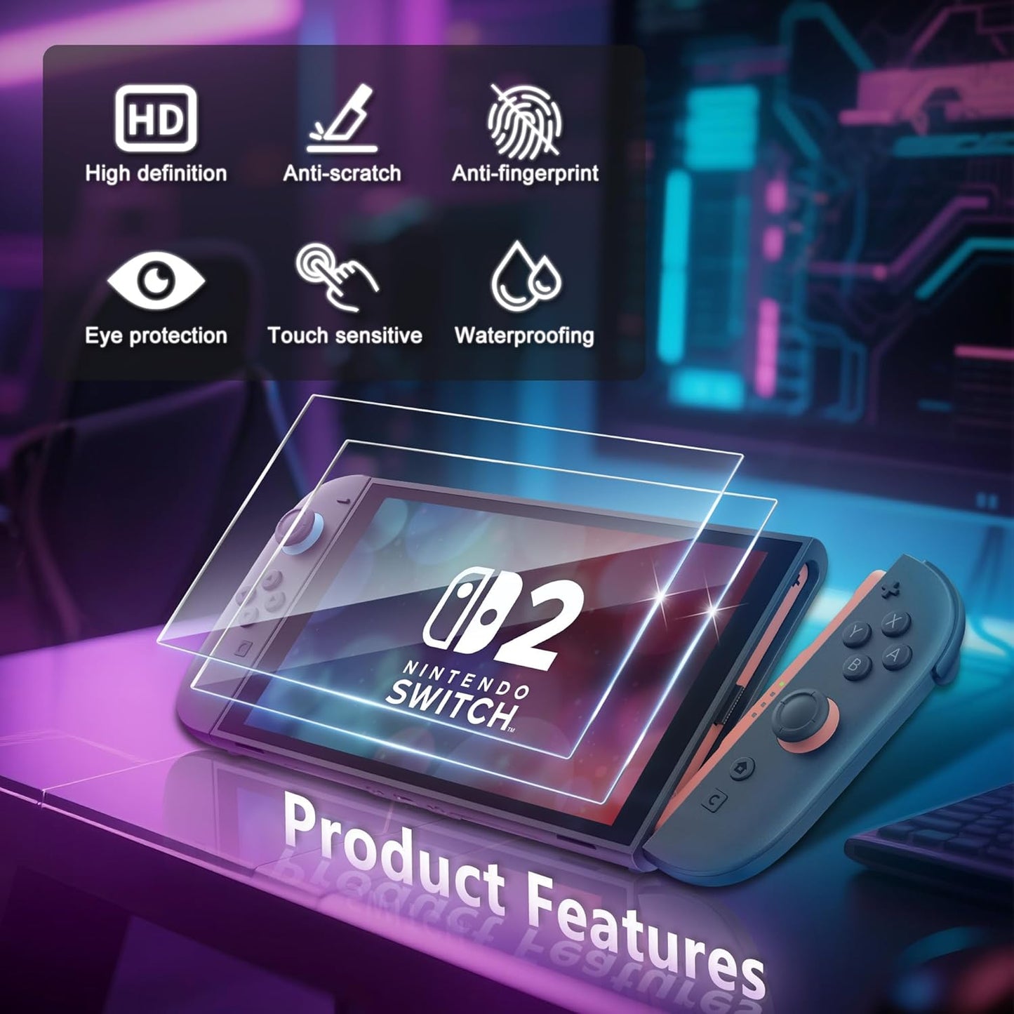 JZG 2 Pack Tempered Glass Screen Protector for Nintendo Switch 2 (2025), Auto Alignment Kit, Bubble Free Installation, Touch Sensitive, Ultra Clear HD Anti Scratch, Dust Removal