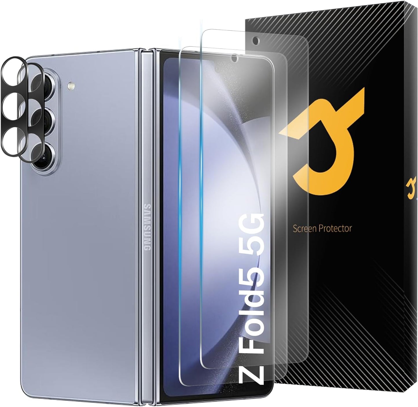 JZG [2+2er-Pack für Samsung Galaxy Z Fold 5 Displayschutzfolie, 2 Stück gehärtetes Glas vorne + 2 Stück Kameraobjektivschutz, hohe Klarheit, bruchfest, blasenfrei