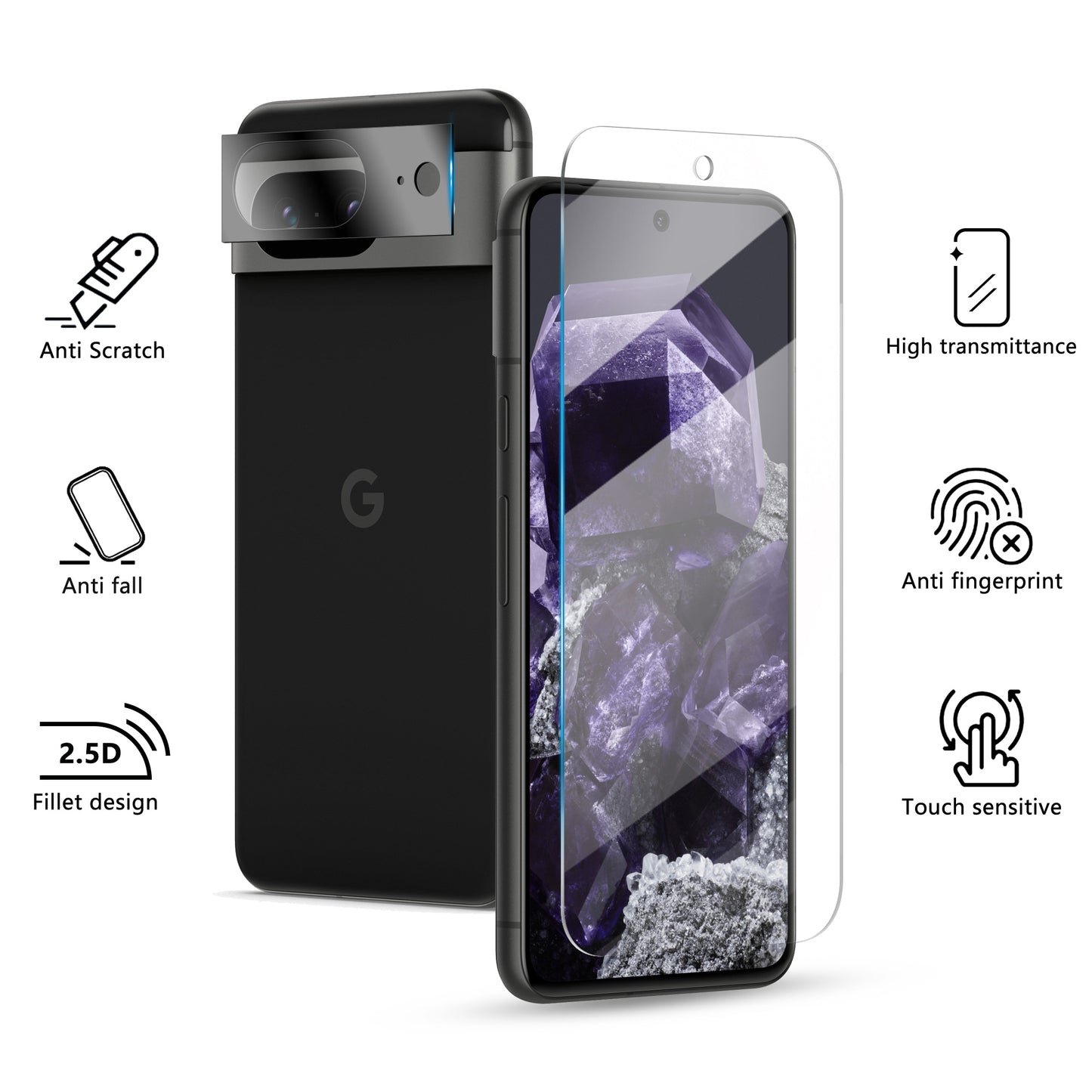 JZG 2+2+1 Stück für Google Pixel 8a Panzer Schutz Glas und Kamera Schutzfolie, 9H Härte, HD Klar, Unterstützt Fingerabdruck-ID, Displayschutzfolie für Pixel 8a