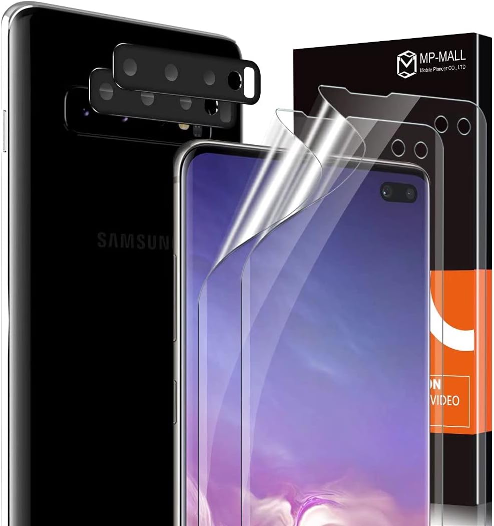 JZG [2+2 Pack] 2 Pack Screen Protector + 2 Pack Camera Lens Protector Compatible for Samsung Galaxy S10 Plus and S10+ Flexible Protective Film Installation Locator New Version HD Clear…