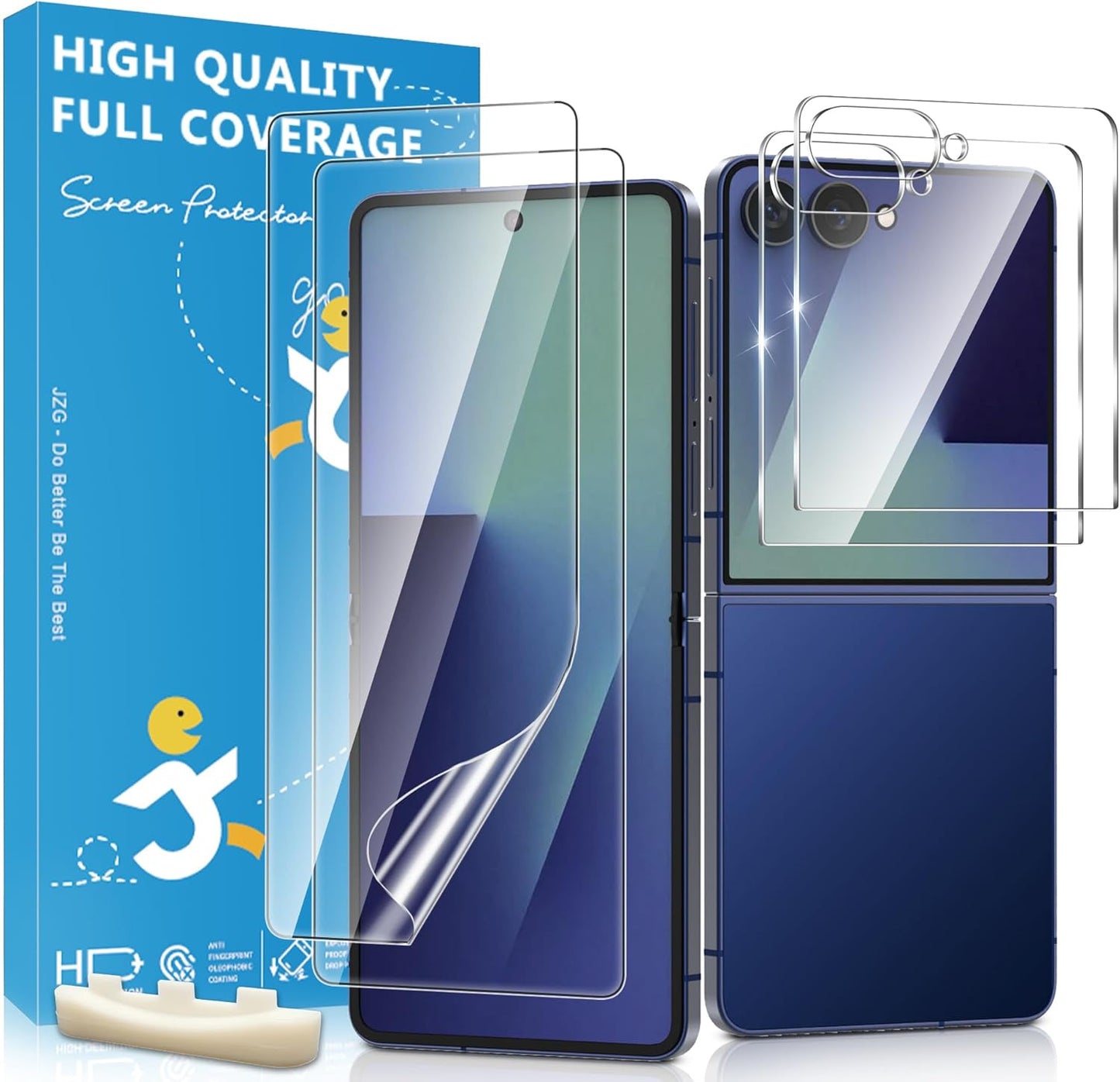 JZG 4 Pack for Samsung Galaxy Z Flip 7 Screen Protector, 2 Pack Inside Flexible Film + 2 Pack Front Tempered Glass With Fingerprint Compatibility, Bubble Free