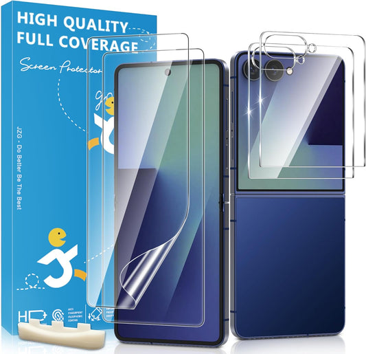 JZG 4 Pack for Samsung Galaxy Z Flip 7 Screen Protector, 2 Pack Inside Flexible Film + 2 Pack Front Tempered Glass With Fingerprint Compatibility, Bubble Free