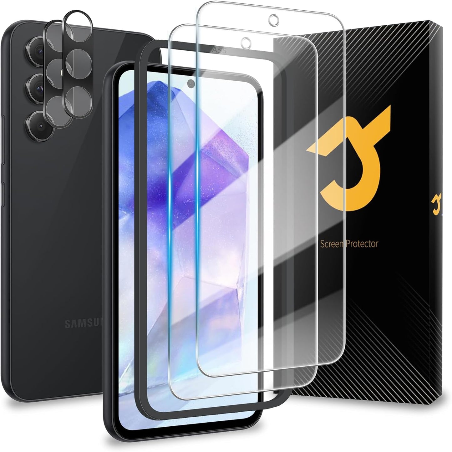 JZG (2+2 Screen Protector for Samsung Galaxy A55 5G 2 Pack + Camera Lens Protector 2 Pack, 9H Hardness, Anti Scratch, Easy Installation, Case Friendly, Ultra HD Tempered Glass for Samsung A55