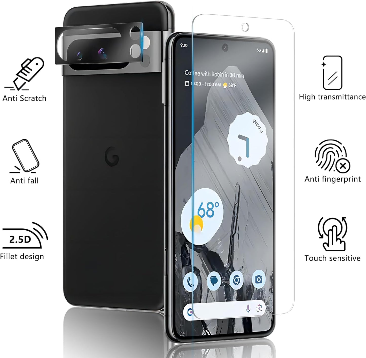 JZG 2+2er-Pack gehärtetes Glas für Google Pixel 8 Pro Displayschutz, 2er-Pack Kameraobjektivschutz, unterstützt Fingerabdruck, einfache Installation, kratzfest, HD-klar