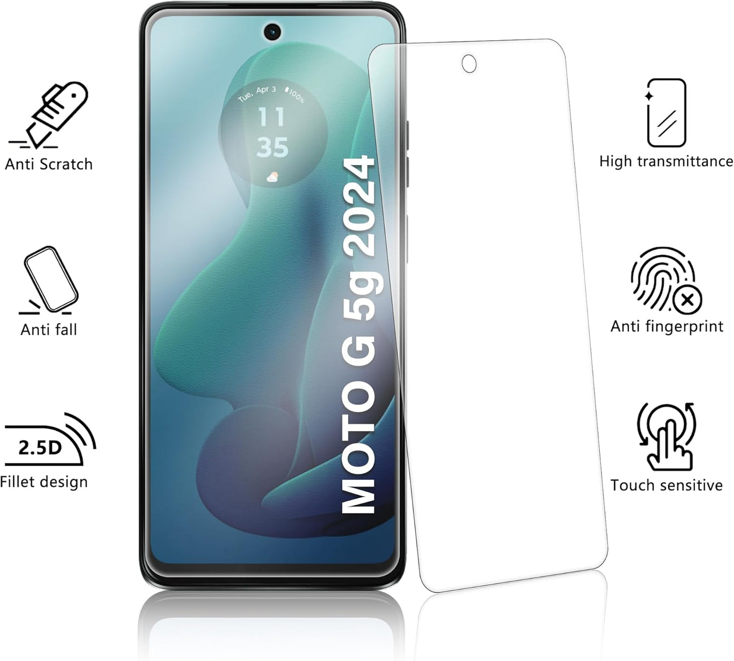 JZG For Motorola Moto G 5G 2024 Screen Protector,3 Front Tempered Glass,High Clarity,Anti-Shatter,Bubble Free,Touch Sensitive,for Moto G 5G 2024