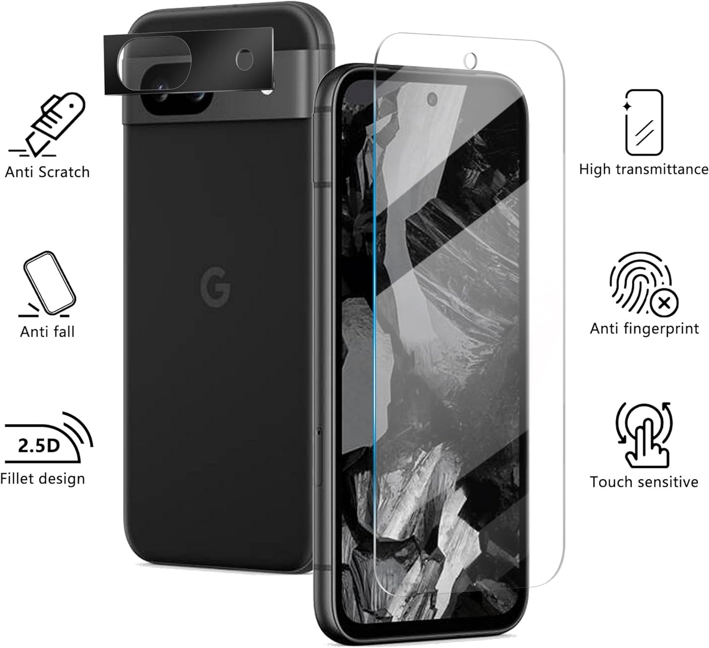 JZG (2+2) Screen Protector for Google Pixel 8a 5G 2 Pack + Camera Lens Protector 2 Pack, 9H Hardness, Anti Scratch, Case Friendly, Easy Installation, Ultra HD Tempered Glass for Google Pixel 8a