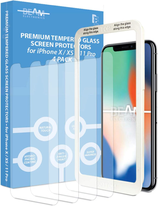 [4 Pack] Screen Protector for iPhone X, XS, 11 Pro, JZG Tempered Glass - 99% Touch Accurate with Easy Installation Tray and Accessories