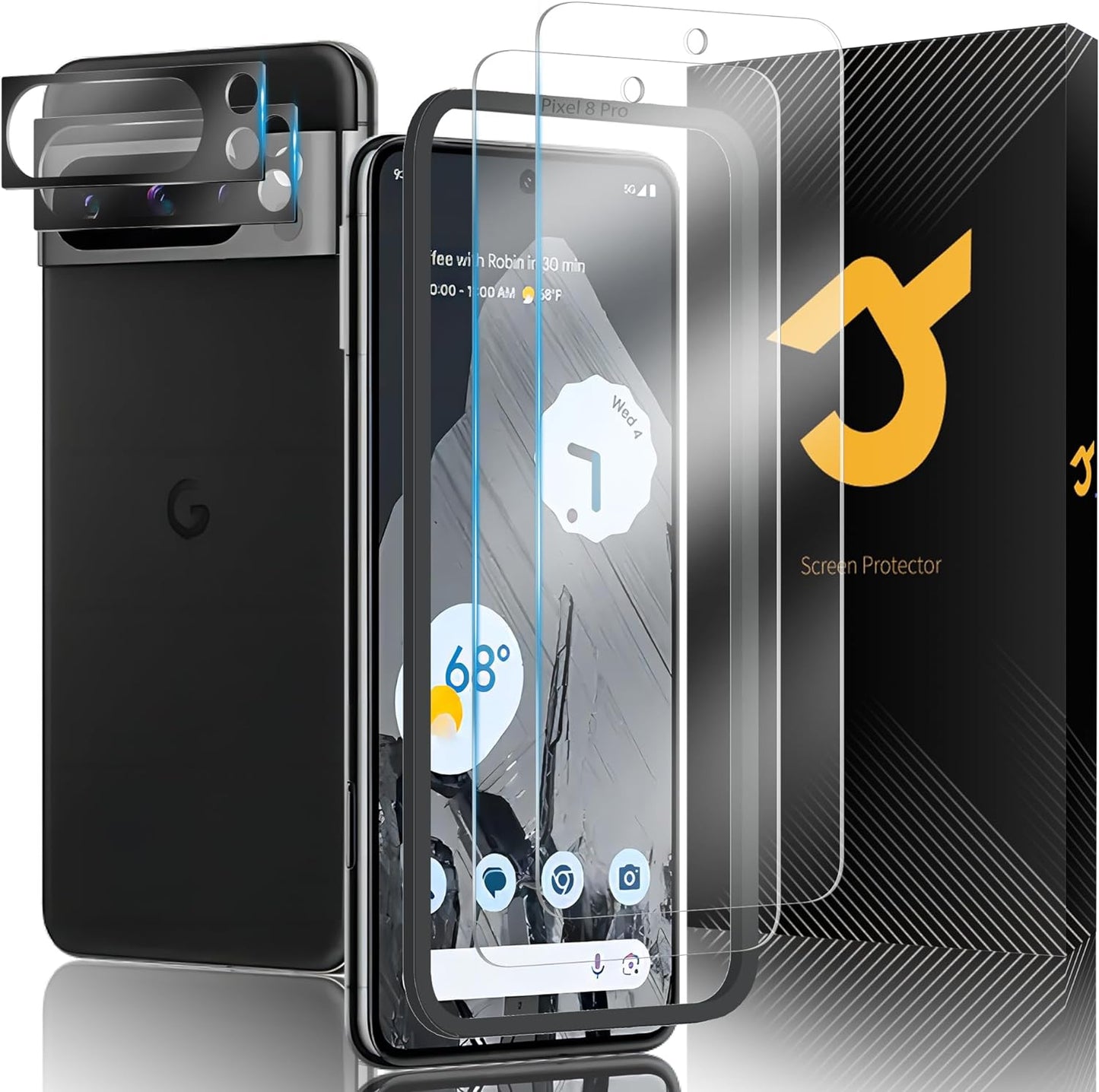 JZG 2+2er-Pack gehärtetes Glas für Google Pixel 8 Pro Displayschutz, 2er-Pack Kameraobjektivschutz, unterstützt Fingerabdruck, einfache Installation, kratzfest, HD-klar