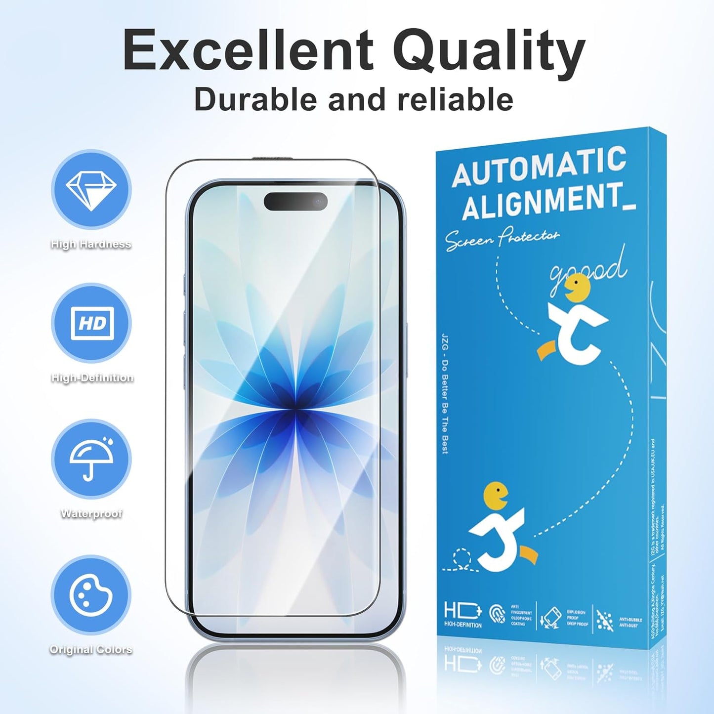 JZG for iPhone 17 Screen Protector 2 Pack 6.3 Inch, One Step Install, Auto Dust-Elimination, Bubble Free, HD Clear, 9H Tempered Glass