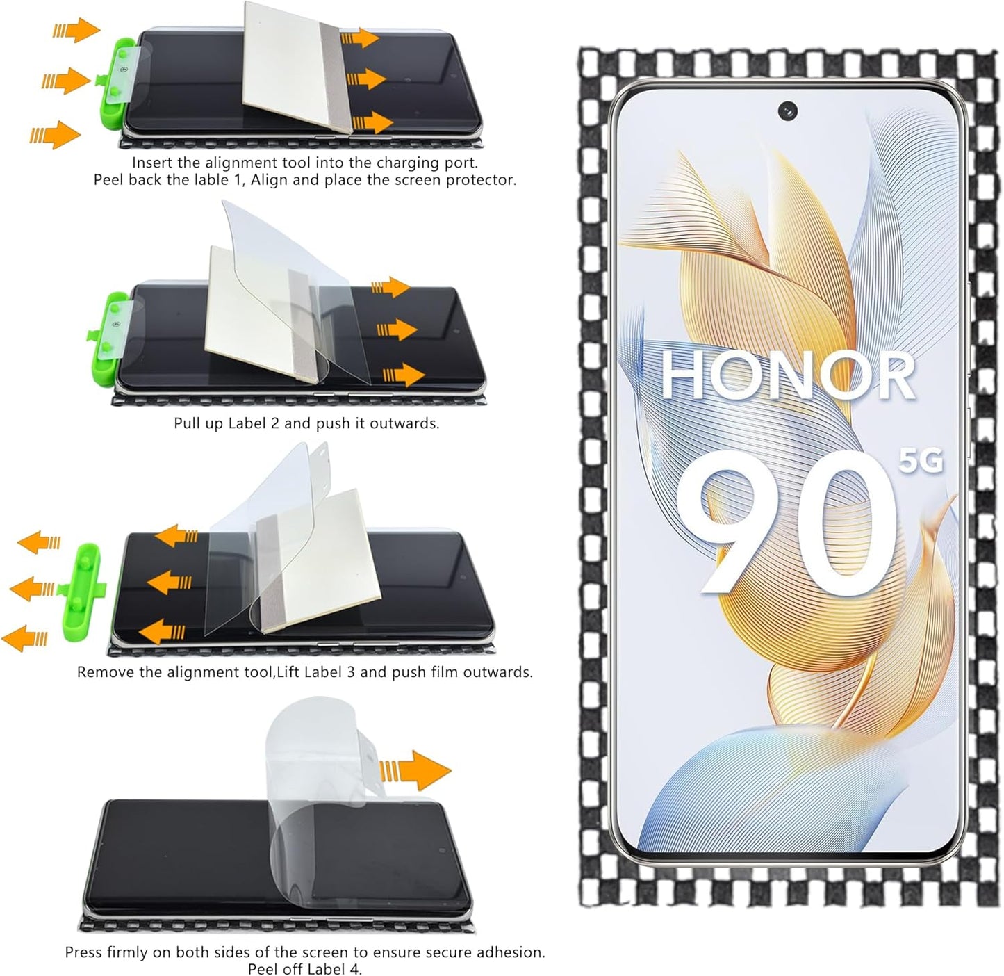 JZG 3+2 Pack for Honor 90 Screen Protector[Not Glass], 3 Pack Flexible TPU Film, 2 Pack Camera Lens Protector, 10-second Self-Healing, Fit without Edge Lifting, Case Friendly