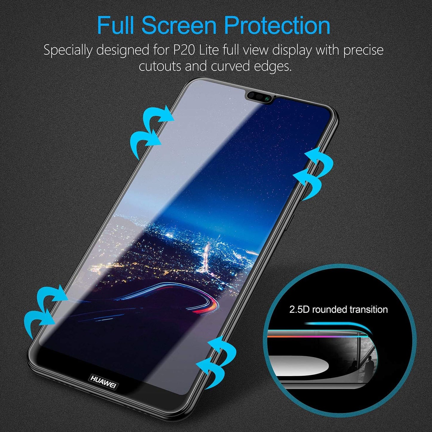 JZG [Pack of 2 Screen Protectors for Huawei P20 Lite, Full Coverage Protective Film with 9H Hardness, Anti-Scratch, Ultra Clear, Bubble-Free